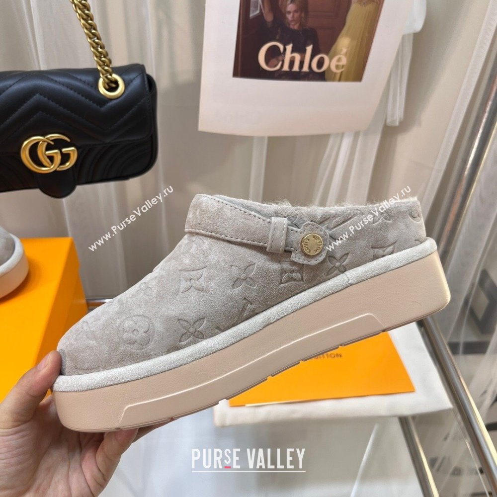 Louis Vuitton Aspen Platform Clog Mules in Monogram Suede and Shearling Light Grey 2023 1ACHW3 (KL-231204061)