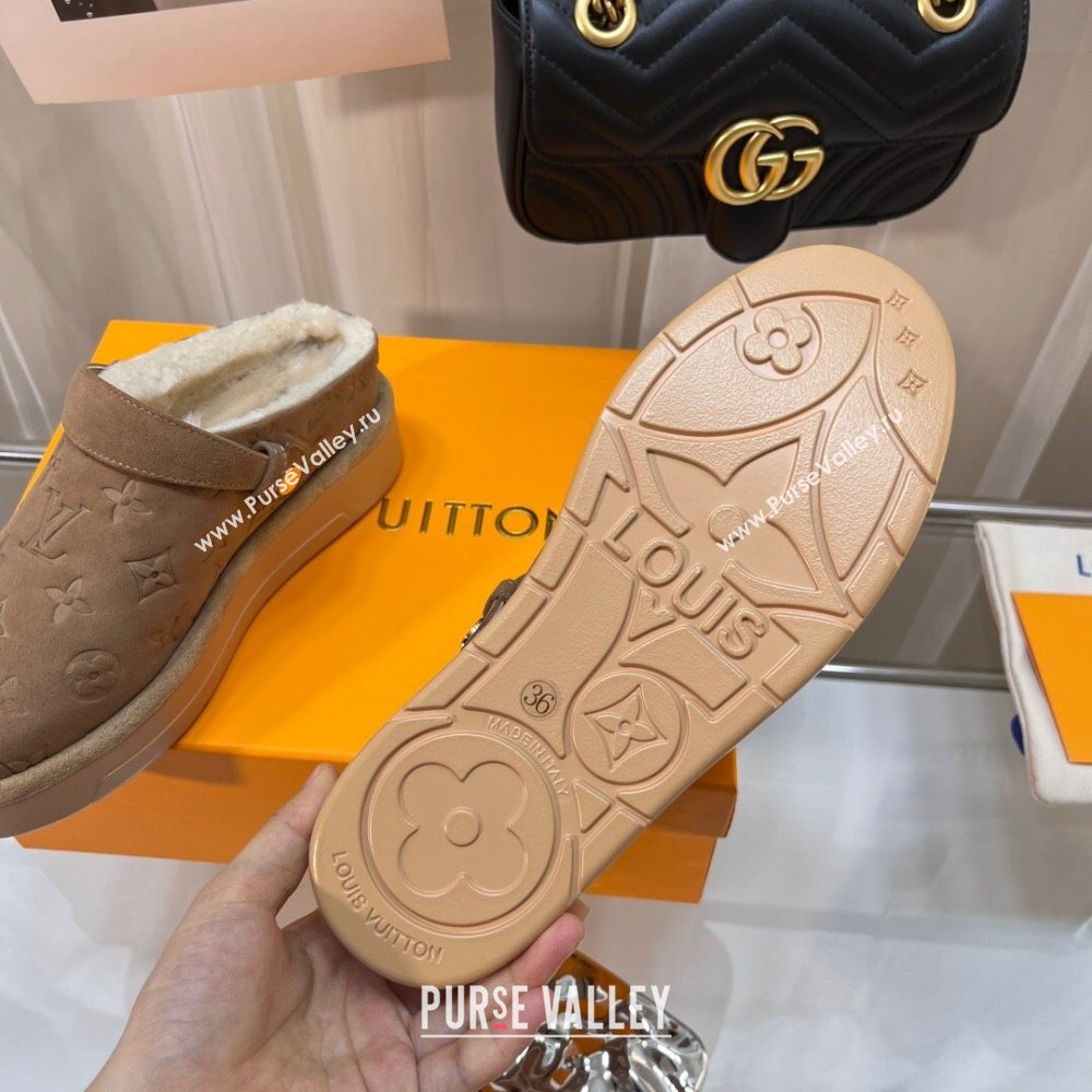 Louis Vuitton Aspen Platform Clog Mules in Monogram Suede and Shearling Light Brown 2023 1ACHW3 (KL-231204062)