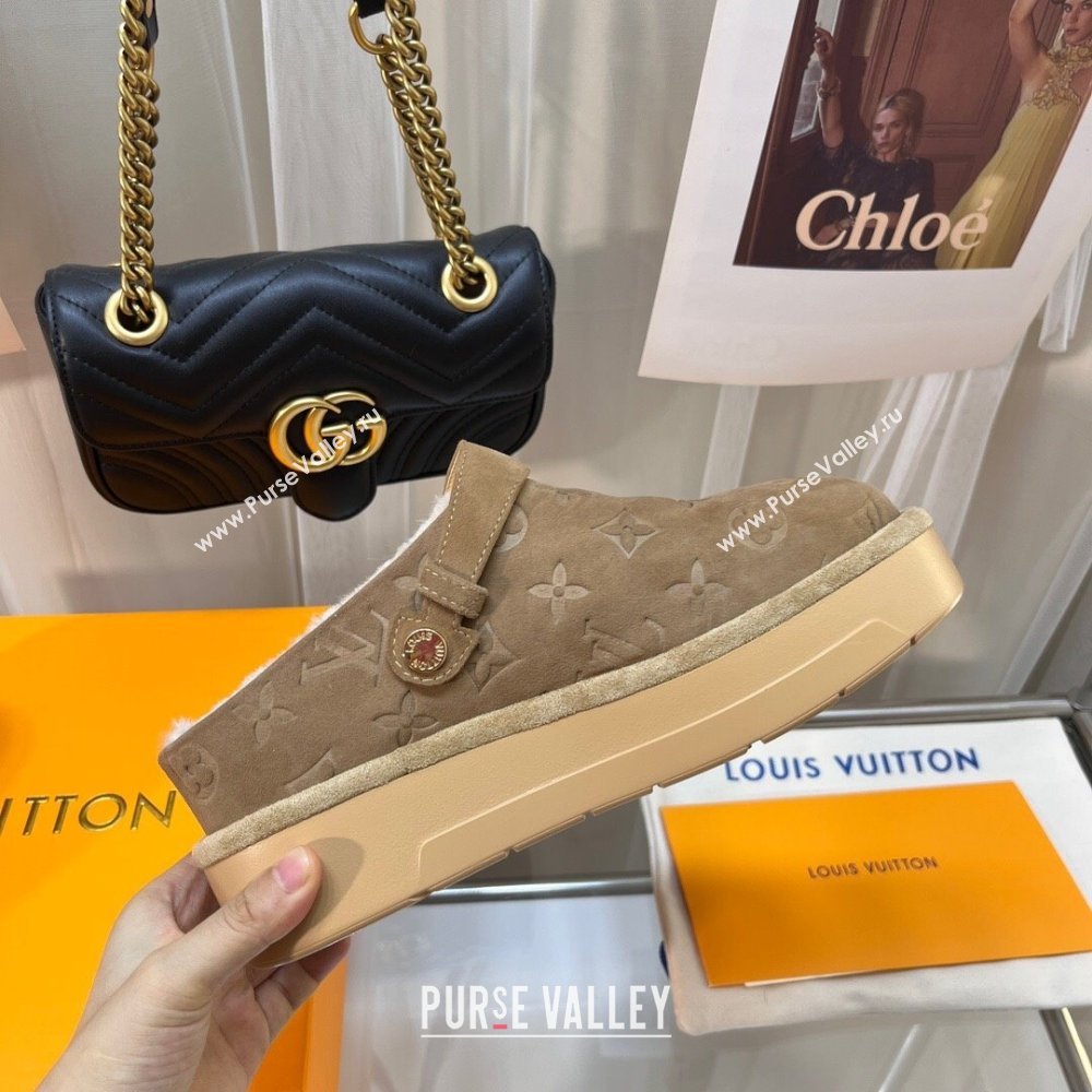 Louis Vuitton Aspen Platform Clog Mules in Monogram Suede and Shearling Light Brown 2023 1ACHW3 (KL-231204062)