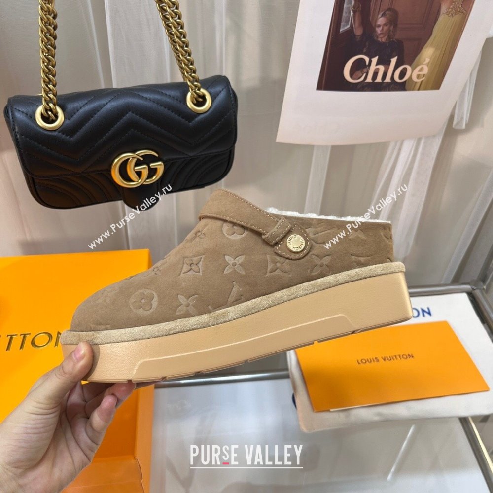 Louis Vuitton Aspen Platform Clog Mules in Monogram Suede and Shearling Light Brown 2023 1ACHW3 (KL-231204062)