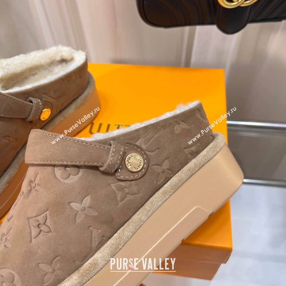 Louis Vuitton Aspen Platform Clog Mules in Monogram Suede and Shearling Light Brown 2023 1ACHW3 (KL-231204062)