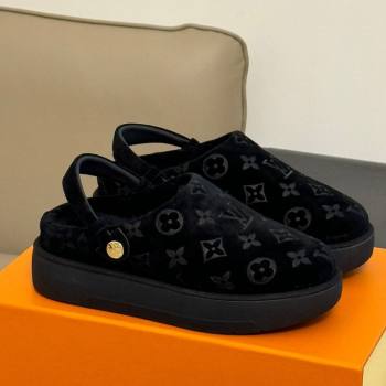 Louis Vuitton Aspen Platform Clog Mules in Monogram Suede and Shearling Black 2023 1ACHW3 (KL-231204064)