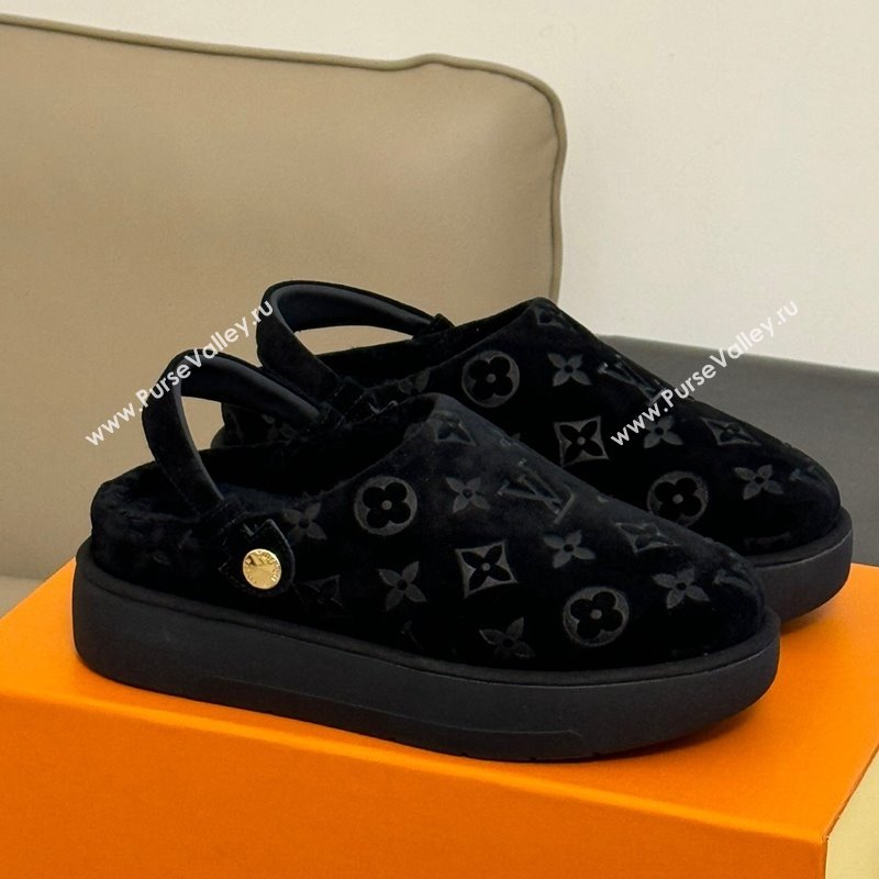 Louis Vuitton Aspen Platform Clog Mules in Monogram Suede and Shearling Black 2023 1ACHW3 (KL-231204064)