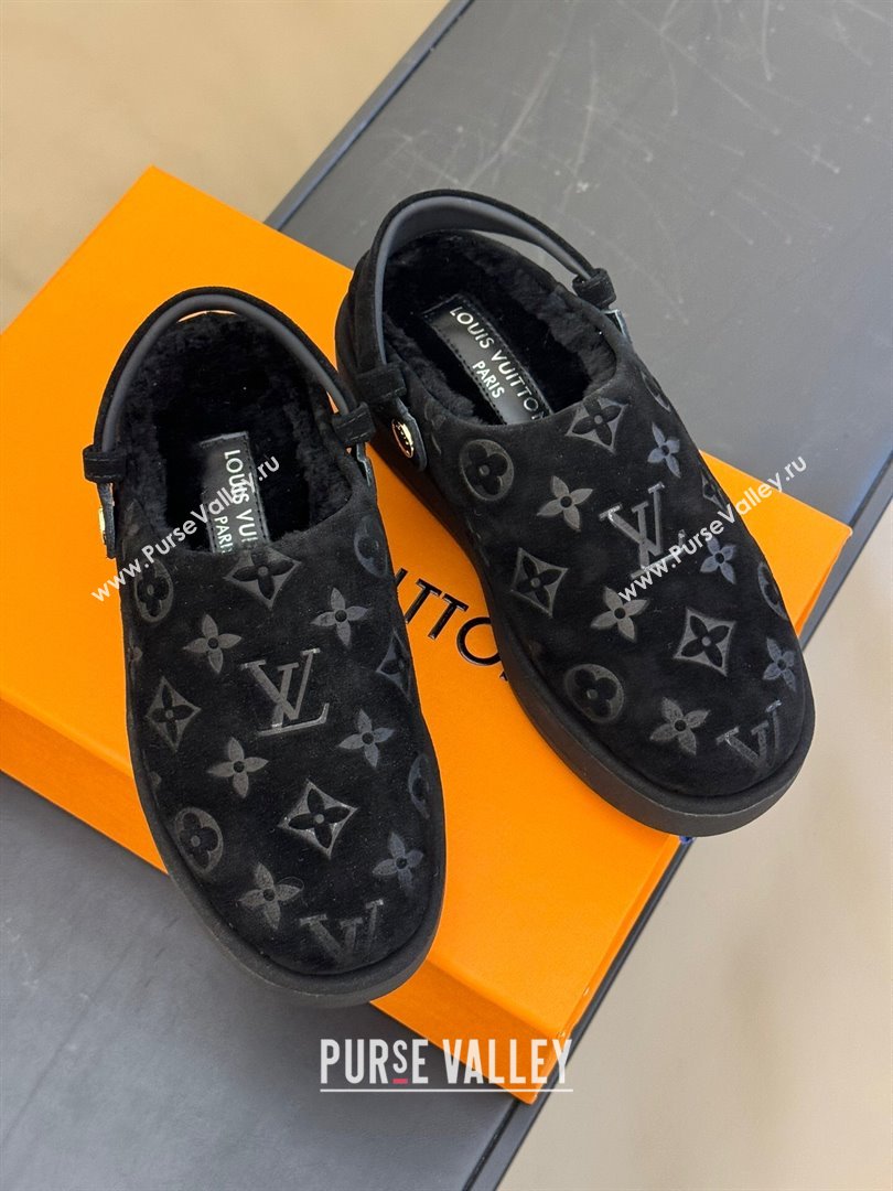 Louis Vuitton Aspen Platform Clog Mules in Monogram Suede and Shearling Black 2023 1ACHW3 (KL-231204064)