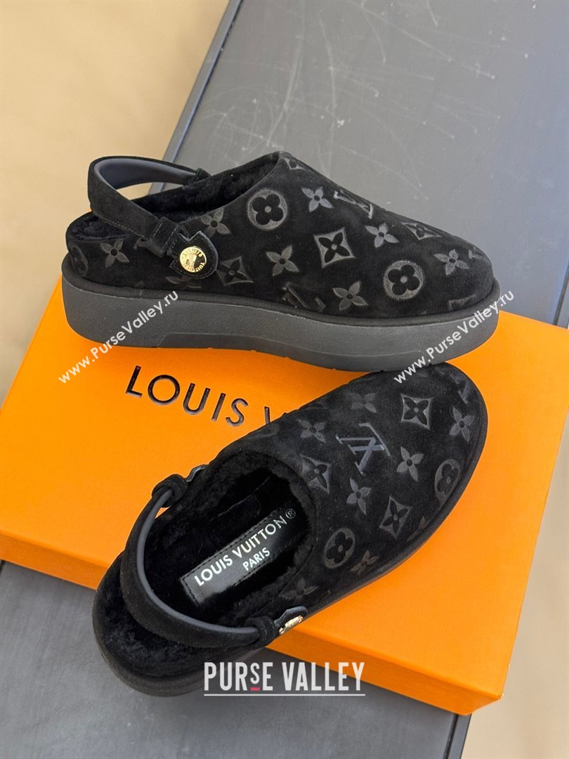 Louis Vuitton Aspen Platform Clog Mules in Monogram Suede and Shearling Black 2023 1ACHW3 (KL-231204064)