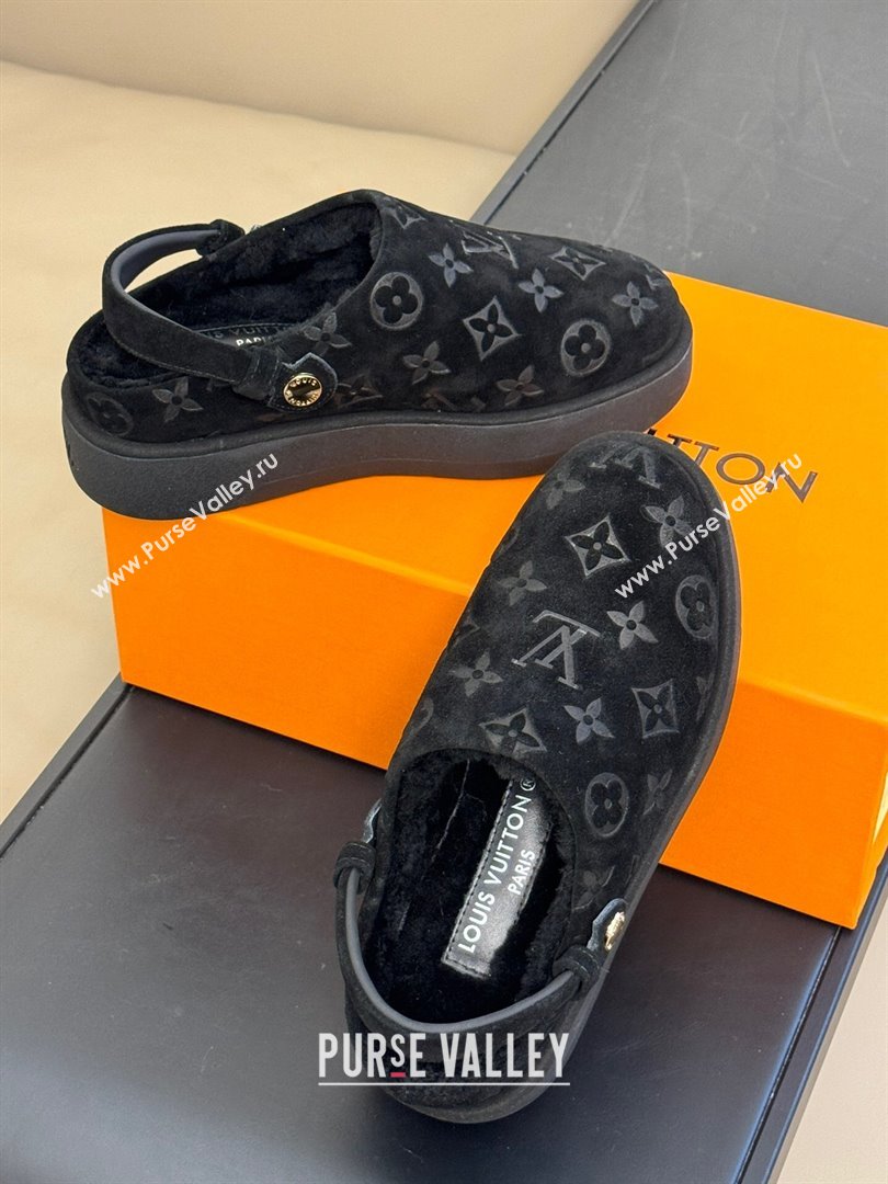 Louis Vuitton Aspen Platform Clog Mules in Monogram Suede and Shearling Black 2023 1ACHW3 (KL-231204064)