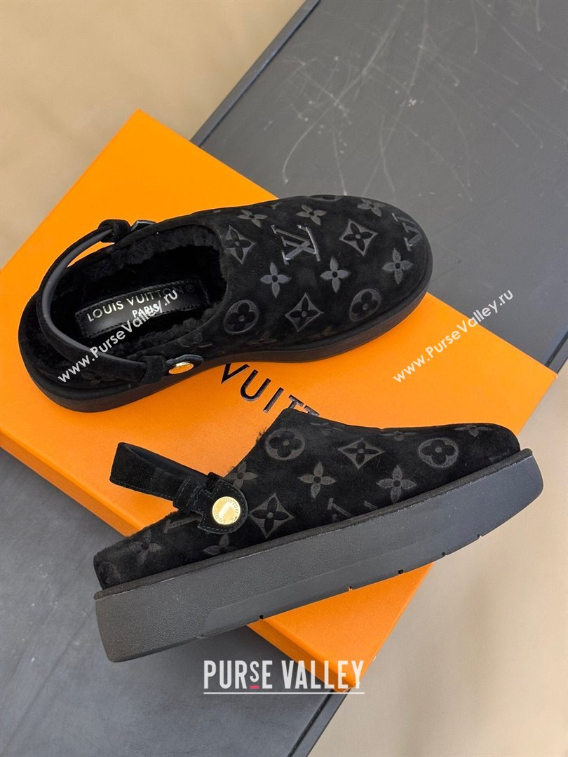 Louis Vuitton Aspen Platform Clog Mules in Monogram Suede and Shearling Black 2023 1ACHW3 (KL-231204064)