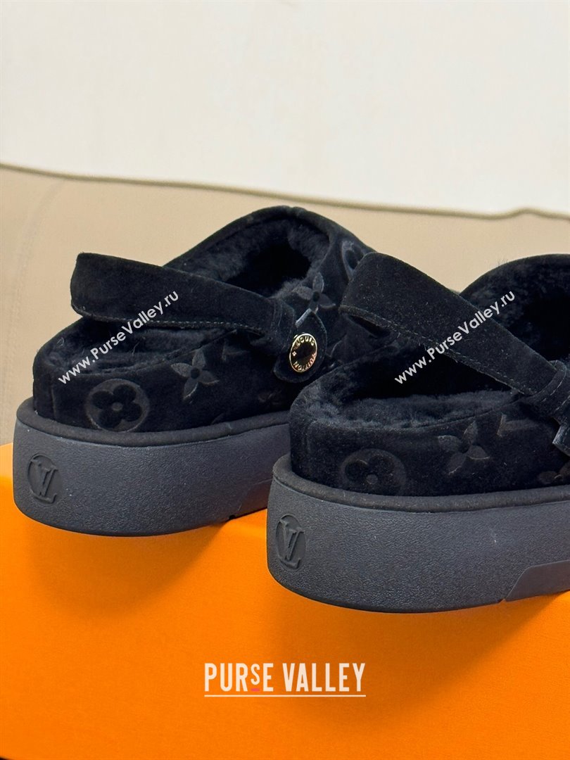 Louis Vuitton Aspen Platform Clog Mules in Monogram Suede and Shearling Black 2023 1ACHW3 (KL-231204064)