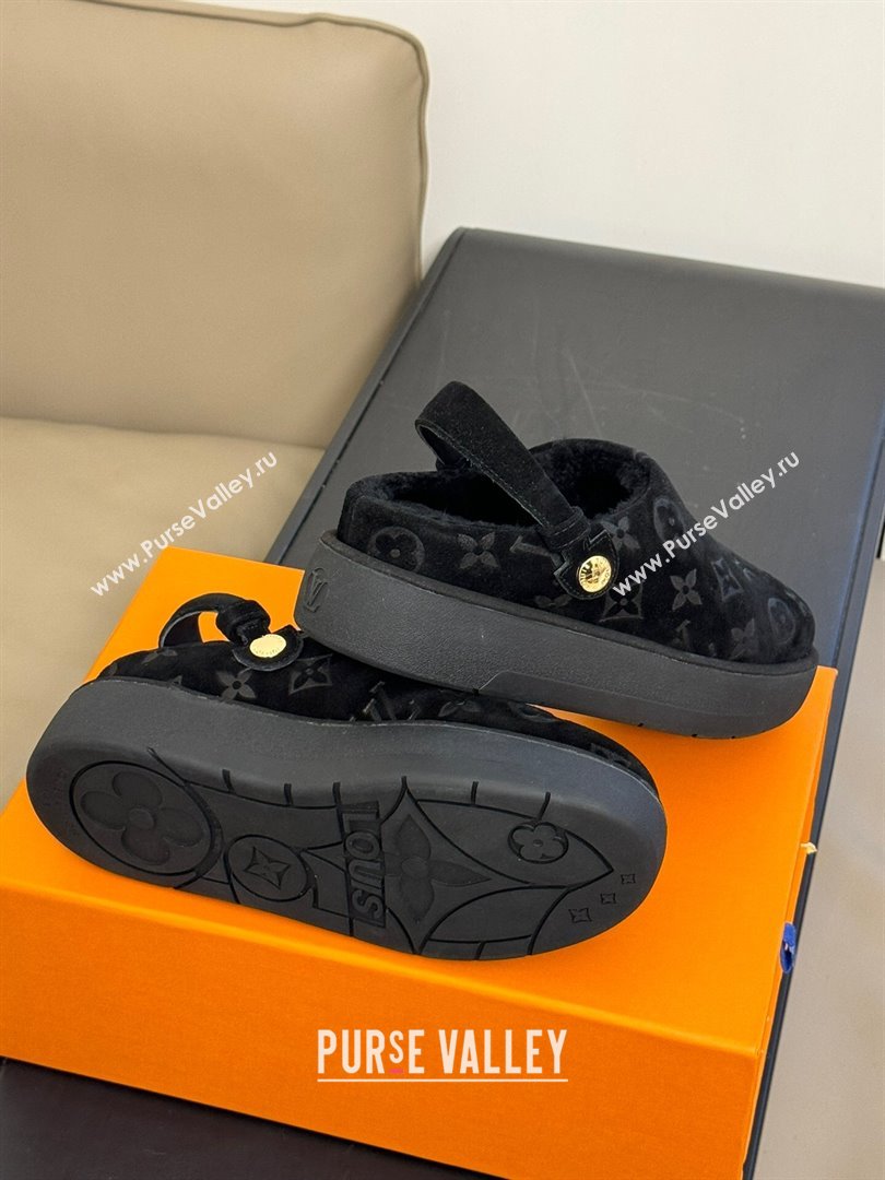 Louis Vuitton Aspen Platform Clog Mules in Monogram Suede and Shearling Black 2023 1ACHW3 (KL-231204064)