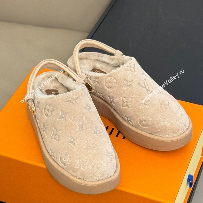 Louis Vuitton Aspen Platform Clog Mules in Monogram Suede and Shearling Beige 2023 1ACHW3 (KL-231204065)