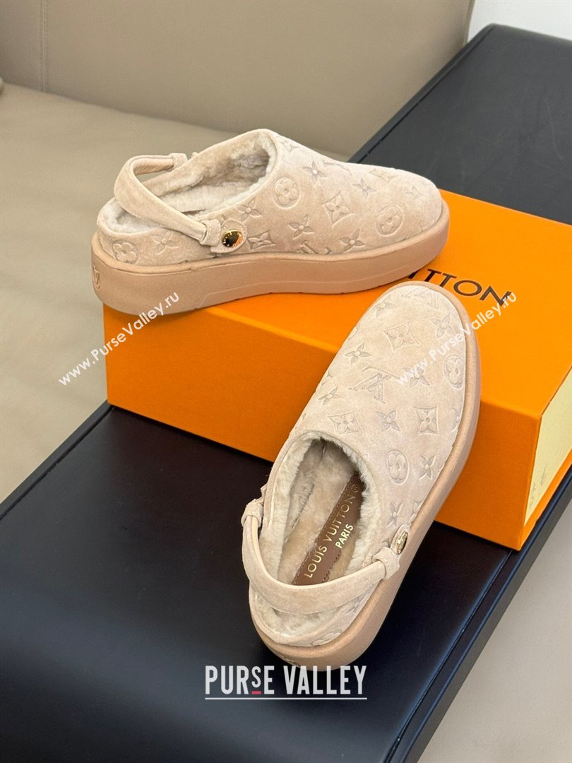 Louis Vuitton Aspen Platform Clog Mules in Monogram Suede and Shearling Beige 2023 1ACHW3 (KL-231204065)