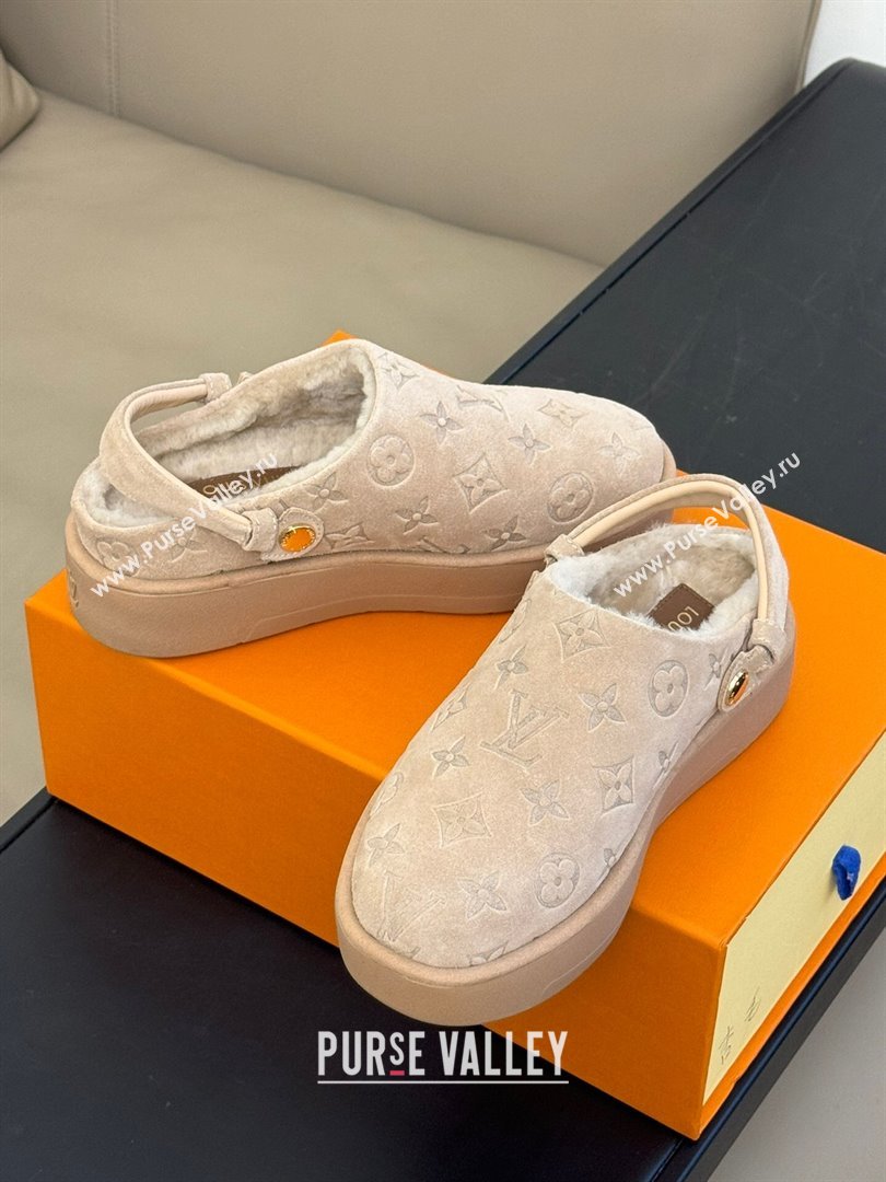 Louis Vuitton Aspen Platform Clog Mules in Monogram Suede and Shearling Beige 2023 1ACHW3 (KL-231204065)