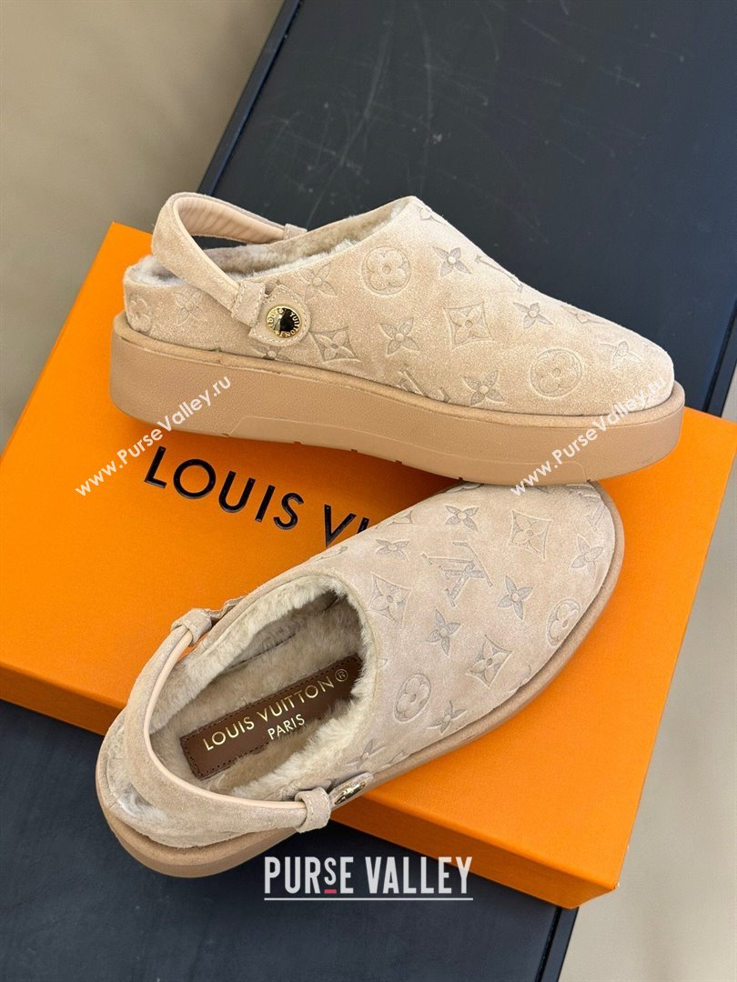 Louis Vuitton Aspen Platform Clog Mules in Monogram Suede and Shearling Beige 2023 1ACHW3 (KL-231204065)