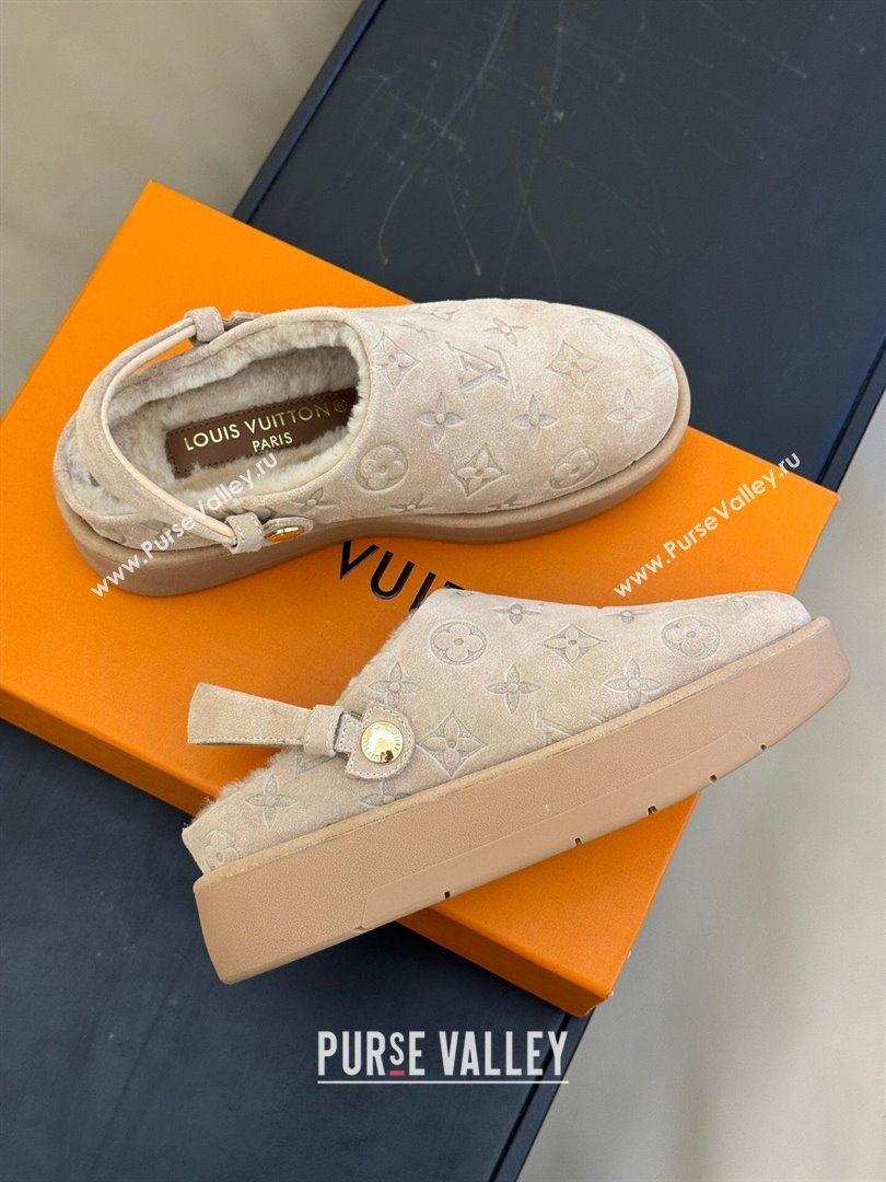 Louis Vuitton Aspen Platform Clog Mules in Monogram Suede and Shearling Beige 2023 1ACHW3 (KL-231204065)