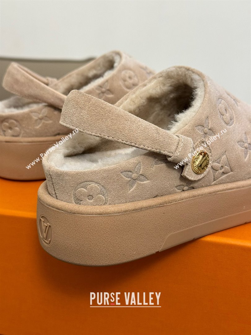 Louis Vuitton Aspen Platform Clog Mules in Monogram Suede and Shearling Beige 2023 1ACHW3 (KL-231204065)