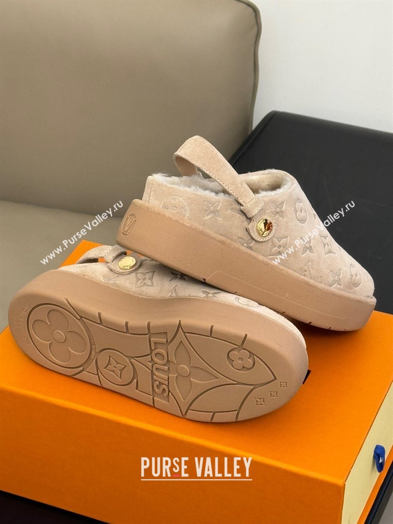 Louis Vuitton Aspen Platform Clog Mules in Monogram Suede and Shearling Beige 2023 1ACHW3 (KL-231204065)