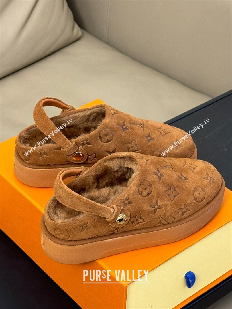 Louis Vuitton Aspen Platform Clog Mules in Monogram Suede and Shearling Dark Brown 2023 1ACHW3 (KL-231204063)