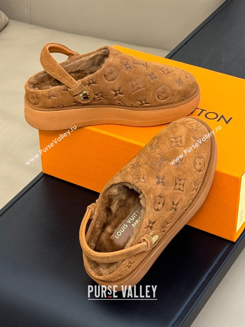 Louis Vuitton Aspen Platform Clog Mules in Monogram Suede and Shearling Dark Brown 2023 1ACHW3 (KL-231204063)