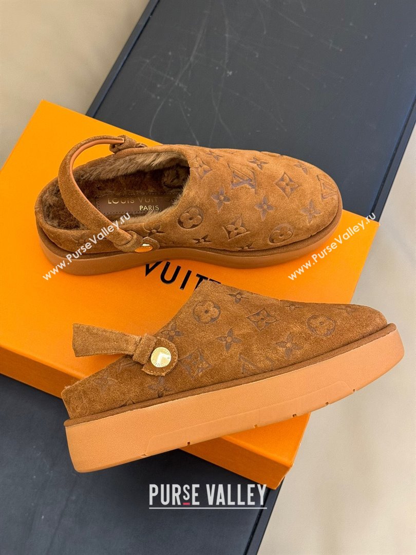 Louis Vuitton Aspen Platform Clog Mules in Monogram Suede and Shearling Dark Brown 2023 1ACHW3 (KL-231204063)