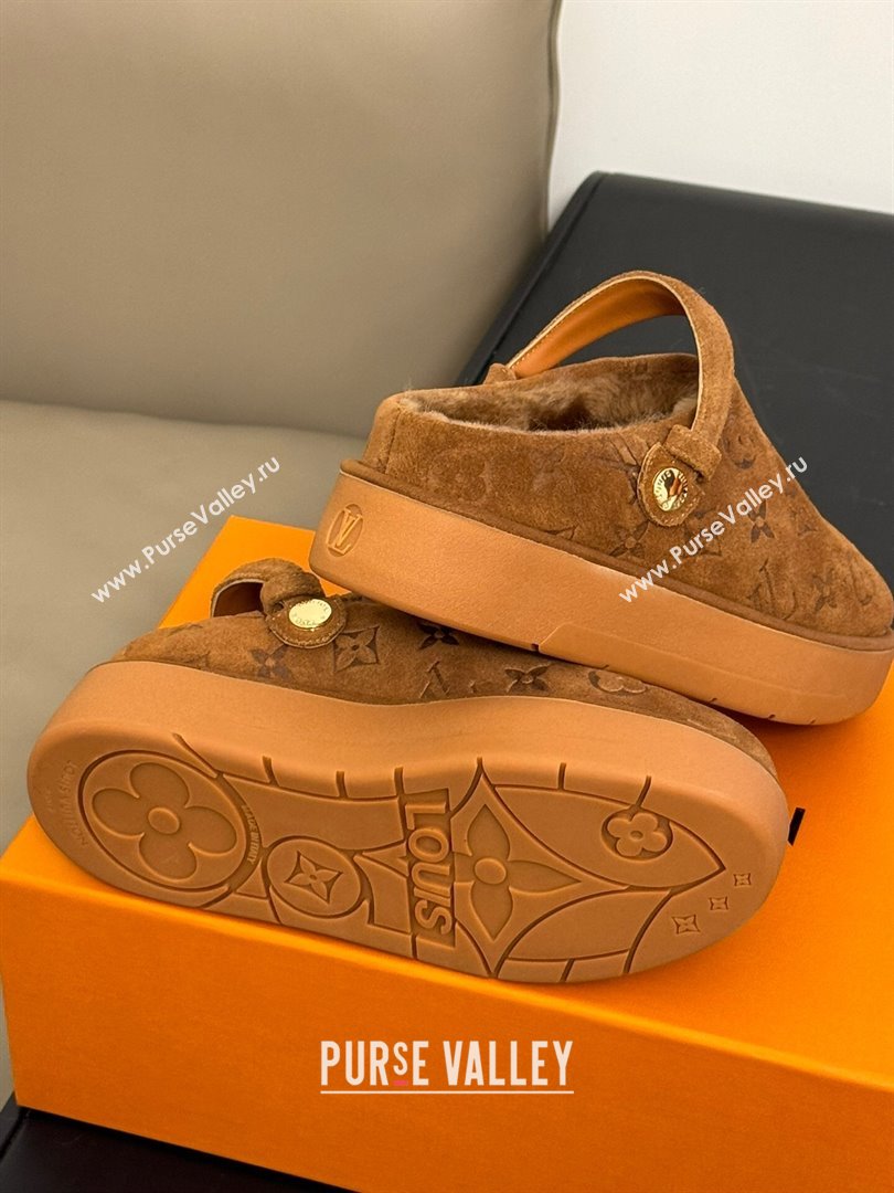 Louis Vuitton Aspen Platform Clog Mules in Monogram Suede and Shearling Dark Brown 2023 1ACHW3 (KL-231204063)