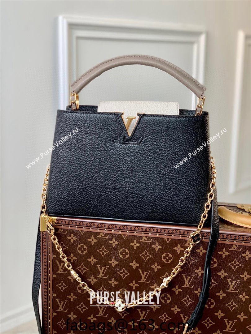 Louis Vuitton Capucines MM Bag with Flower Chain in Taurillon Leather M20708 Black 2024 (KI-240218032)