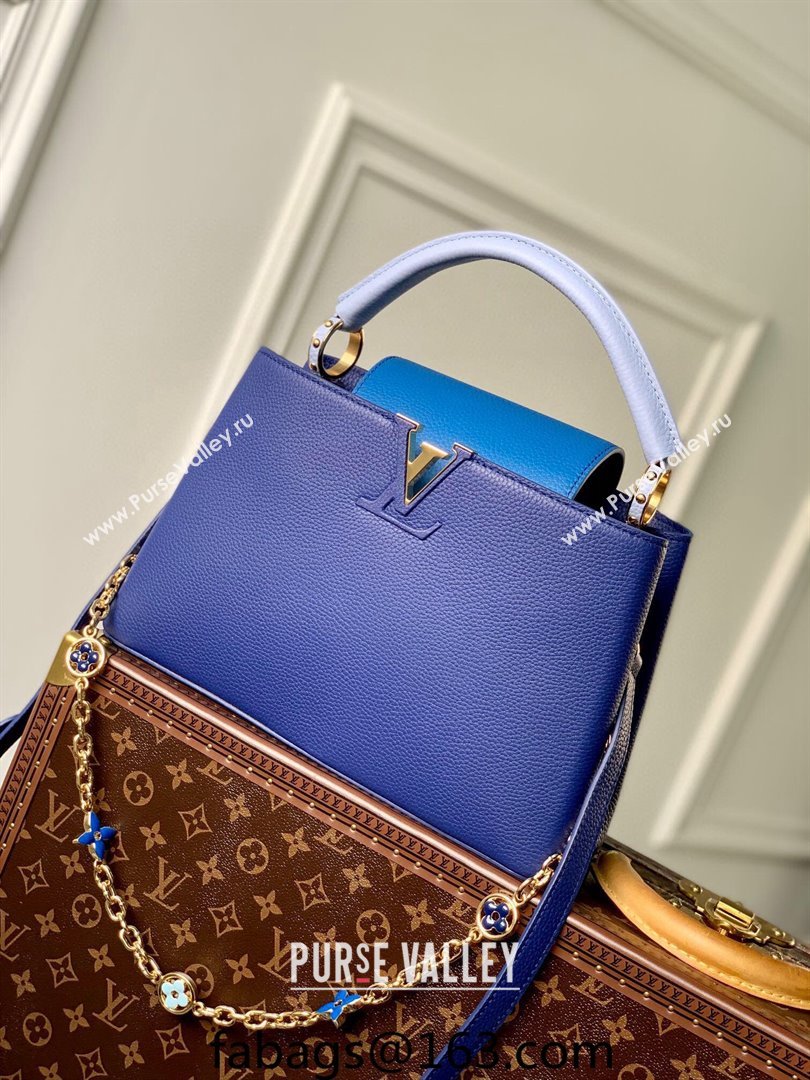 Louis Vuitton Capucines MM Bag with Flower Chain in Taurillon Leather M20844 Blue 2024 (KI-240218035)