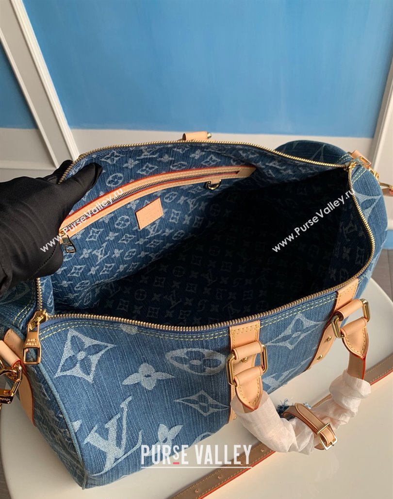 Louis Vuitton Keepall Bandouliere 50 Travel Bag in Blue Monogram Denim M24315 2024 New LV Remix (KI-240311096)