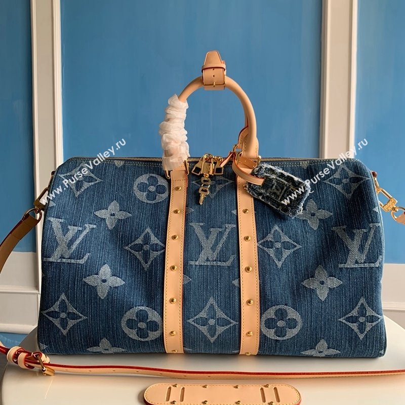 Louis Vuitton Keepall Bandouliere 50 Travel Bag in Blue Monogram Denim M24315 2024 New LV Remix (KI-240311096)