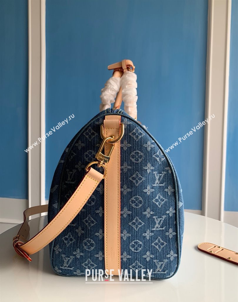 Louis Vuitton Keepall Bandouliere 50 Travel Bag in Blue Monogram Denim M24315 2024 New LV Remix (KI-240311096)