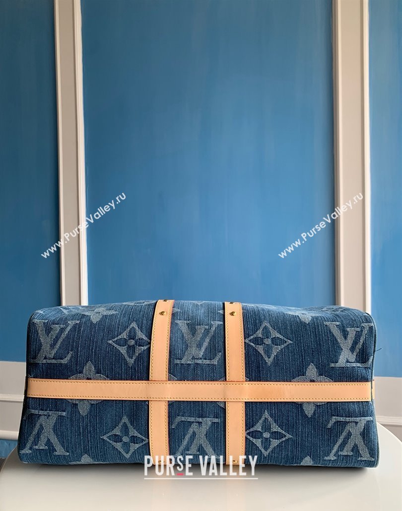 Louis Vuitton Keepall Bandouliere 50 Travel Bag in Blue Monogram Denim M24315 2024 New LV Remix (KI-240311096)