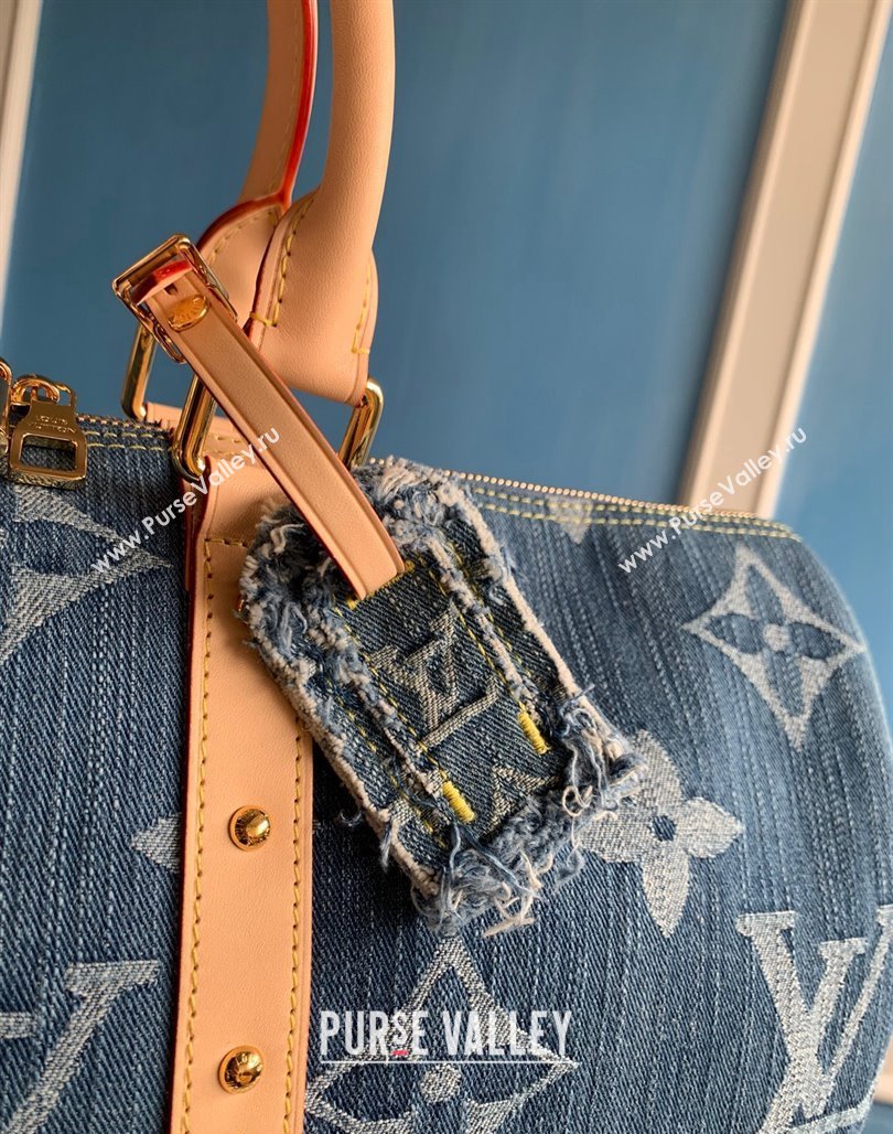 Louis Vuitton Keepall Bandouliere 50 Travel Bag in Blue Monogram Denim M24315 2024 New LV Remix (KI-240311096)