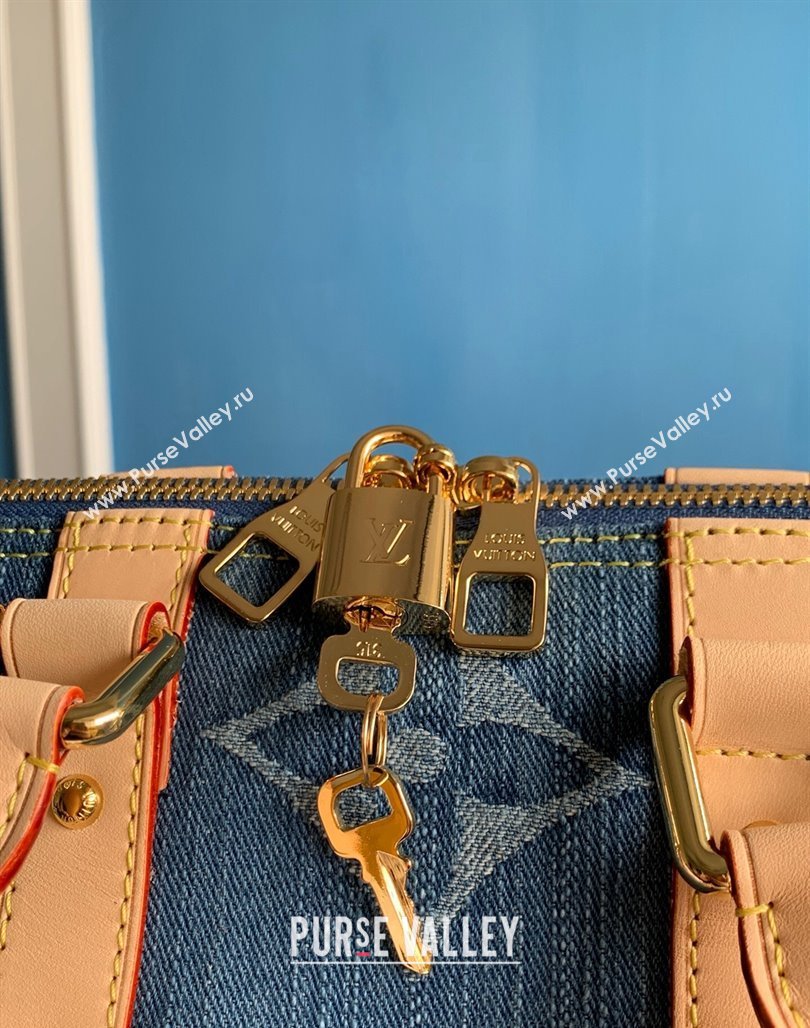 Louis Vuitton Keepall Bandouliere 50 Travel Bag in Blue Monogram Denim M24315 2024 New LV Remix (KI-240311096)