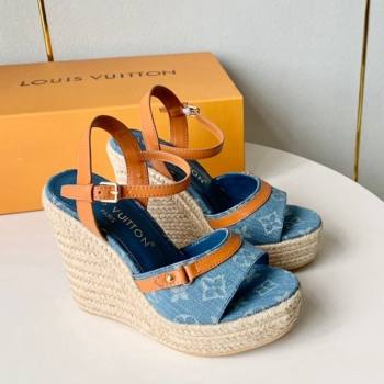 Louis Vuitton Helios Wedge Sandals 12cm in Light Blue Monogram Denim 2024 (MD-240320040)