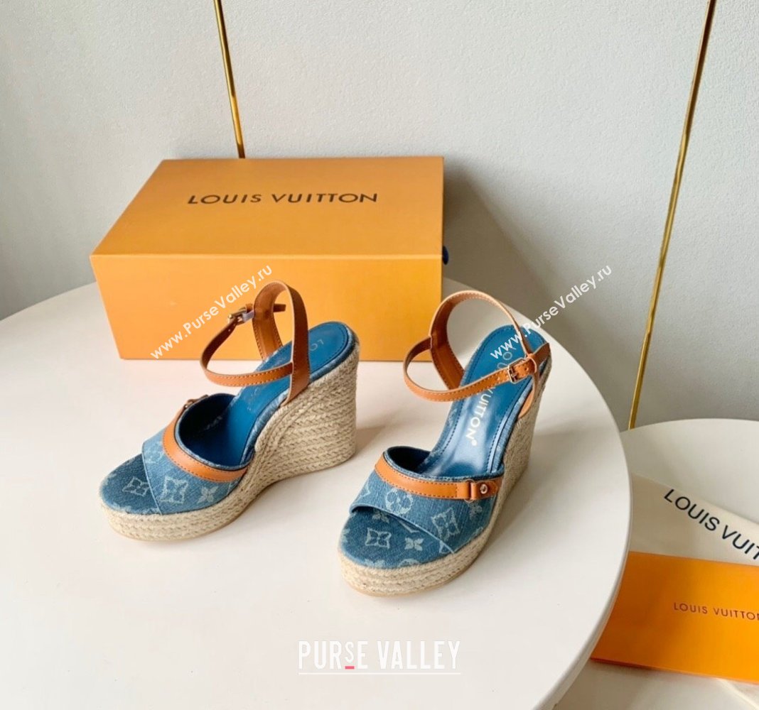 Louis Vuitton Helios Wedge Sandals 12cm in Light Blue Monogram Denim 2024 (MD-240320040)