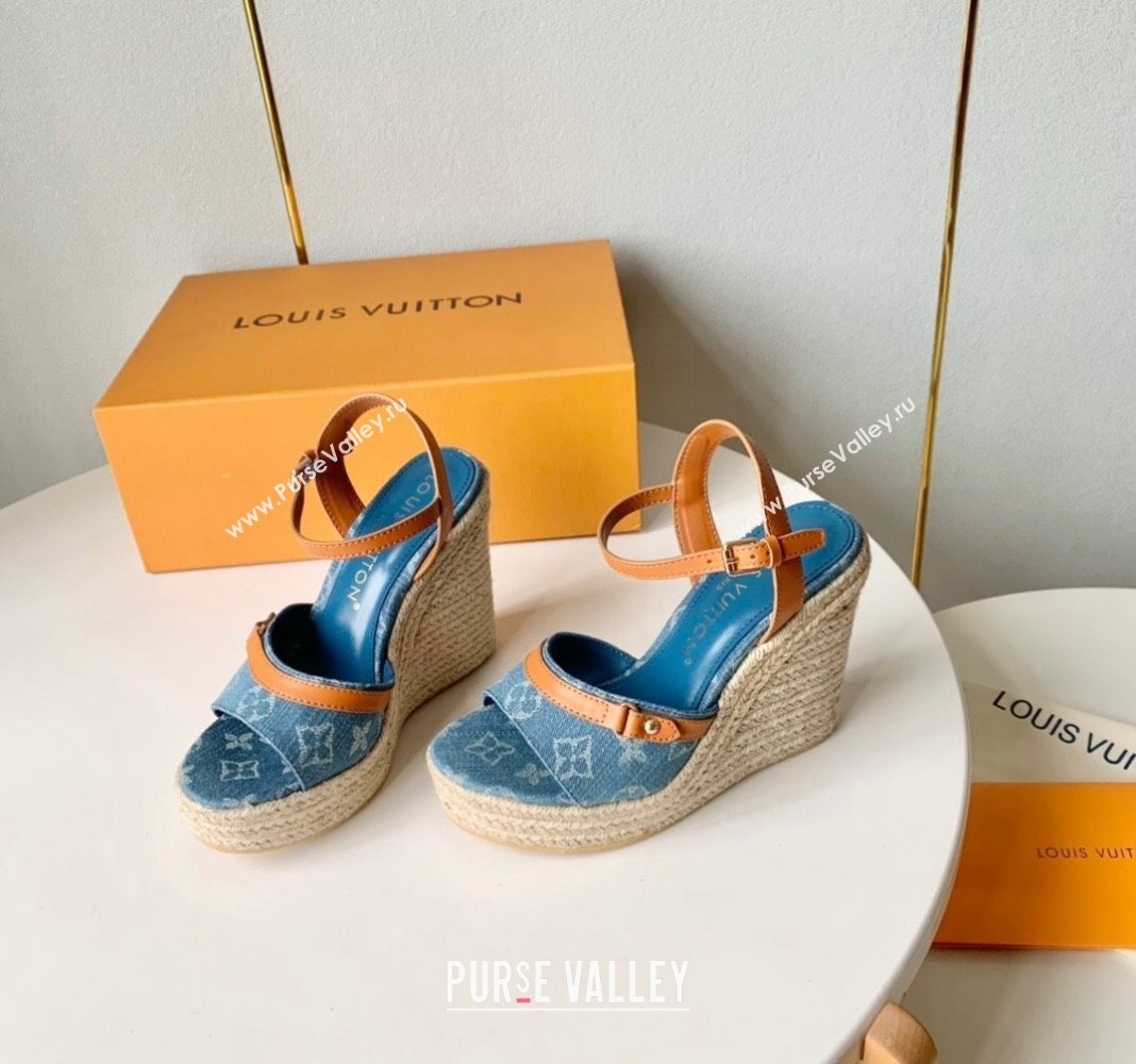 Louis Vuitton Helios Wedge Sandals 12cm in Light Blue Monogram Denim 2024 (MD-240320040)