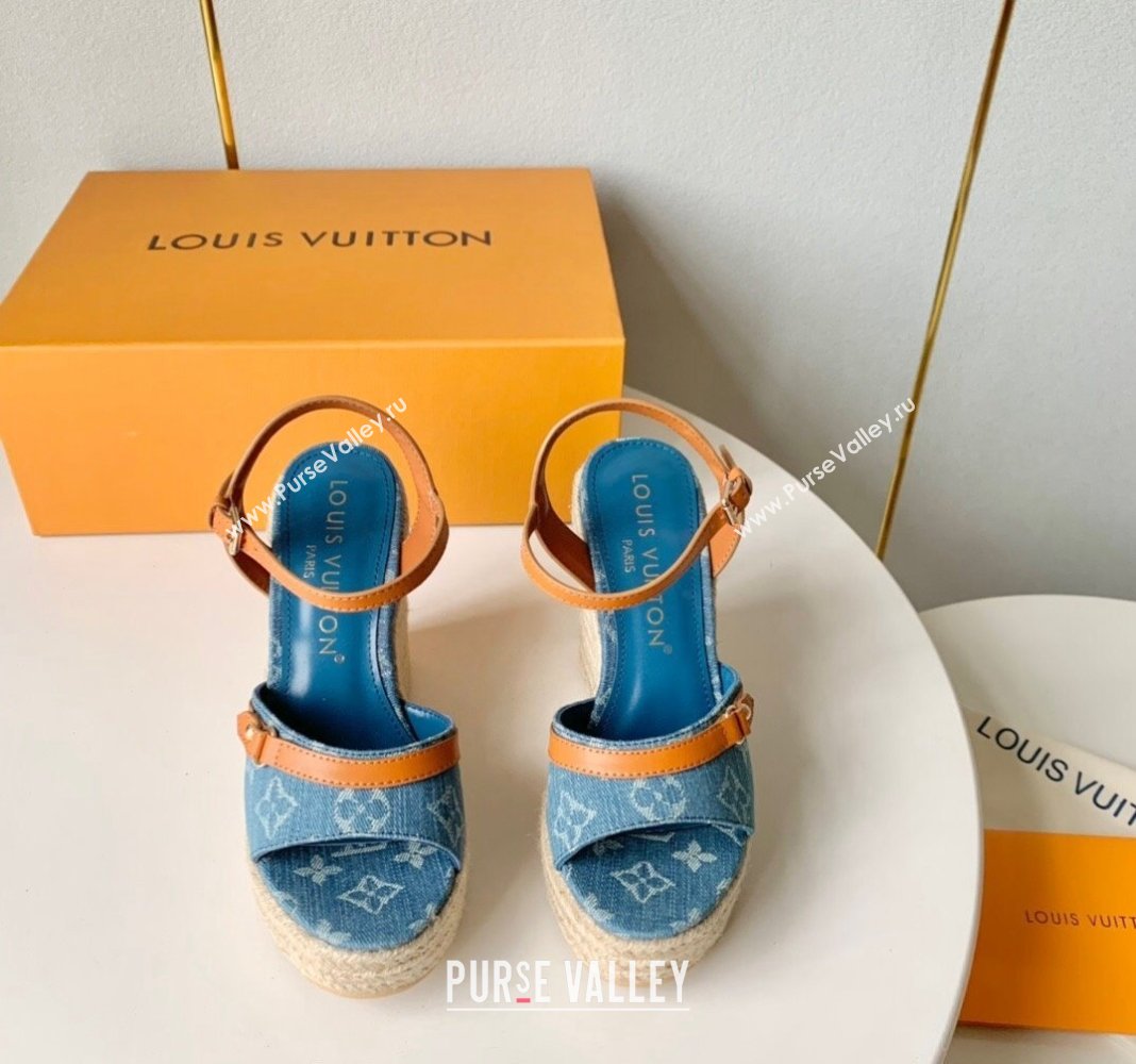 Louis Vuitton Helios Wedge Sandals 12cm in Light Blue Monogram Denim 2024 (MD-240320040)