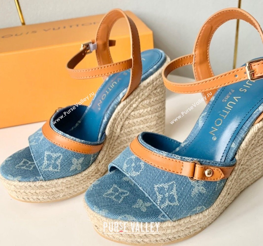 Louis Vuitton Helios Wedge Sandals 12cm in Light Blue Monogram Denim 2024 (MD-240320040)