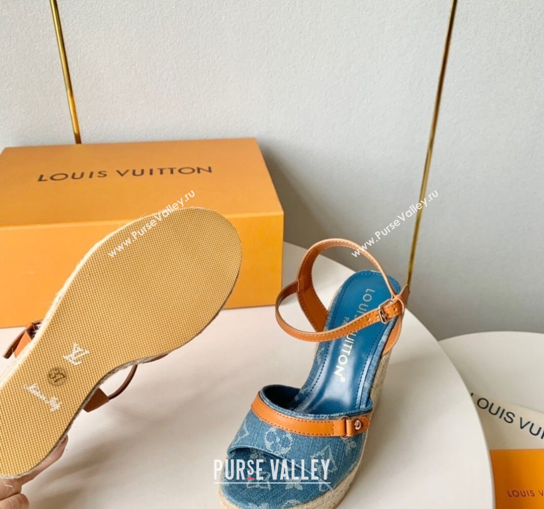 Louis Vuitton Helios Wedge Sandals 12cm in Light Blue Monogram Denim 2024 (MD-240320040)