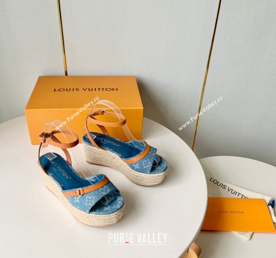 Louis Vuitton Helios Wedge Sandals 8cm in Light Blue Monogram Denim 2024 (MD-240320041)