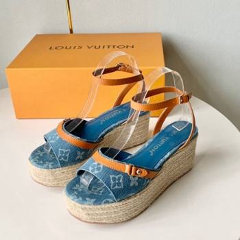 Louis Vuitton Helios Wedge Sandals 8cm in Light Blue Monogram Denim 2024 (MD-240320041)