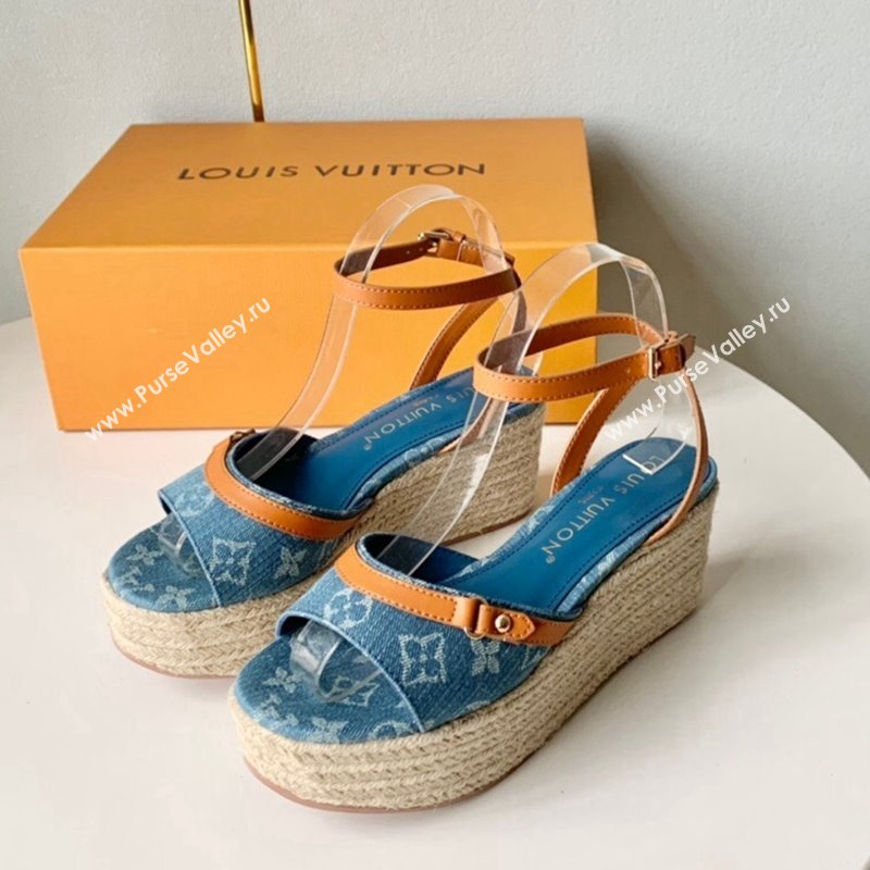 Louis Vuitton Helios Wedge Sandals 8cm in Light Blue Monogram Denim 2024 (MD-240320041)