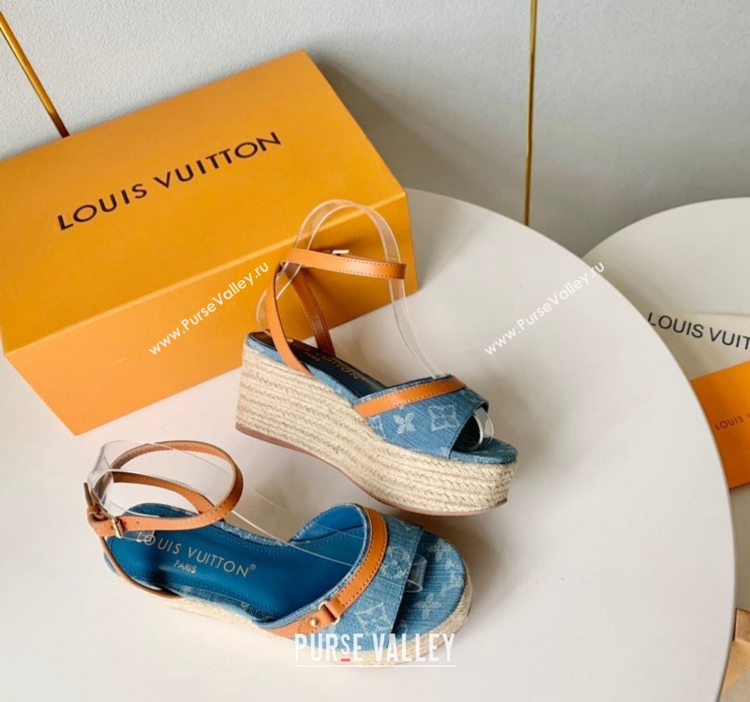 Louis Vuitton Helios Wedge Sandals 8cm in Light Blue Monogram Denim 2024 (MD-240320041)