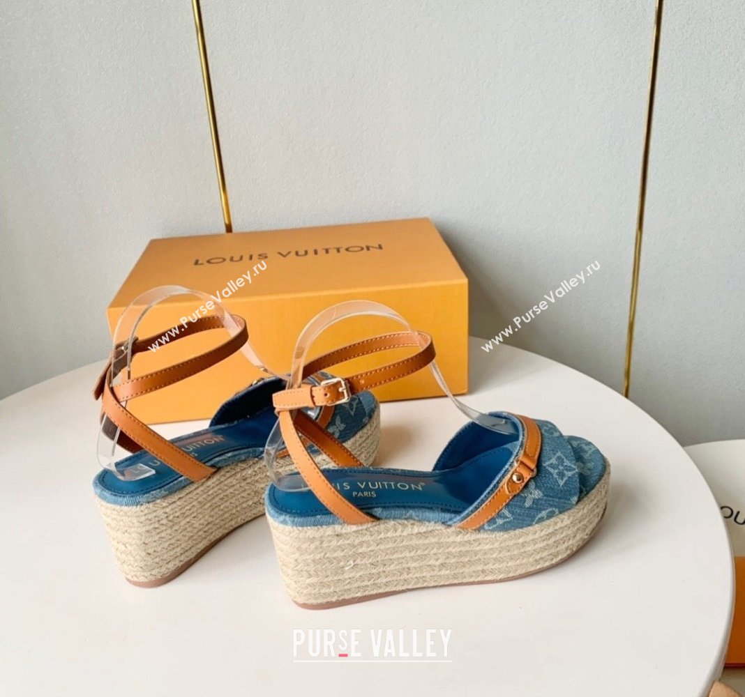 Louis Vuitton Helios Wedge Sandals 8cm in Light Blue Monogram Denim 2024 (MD-240320041)