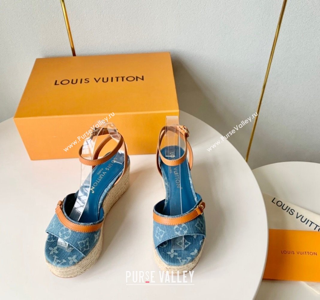 Louis Vuitton Helios Wedge Sandals 8cm in Light Blue Monogram Denim 2024 (MD-240320041)