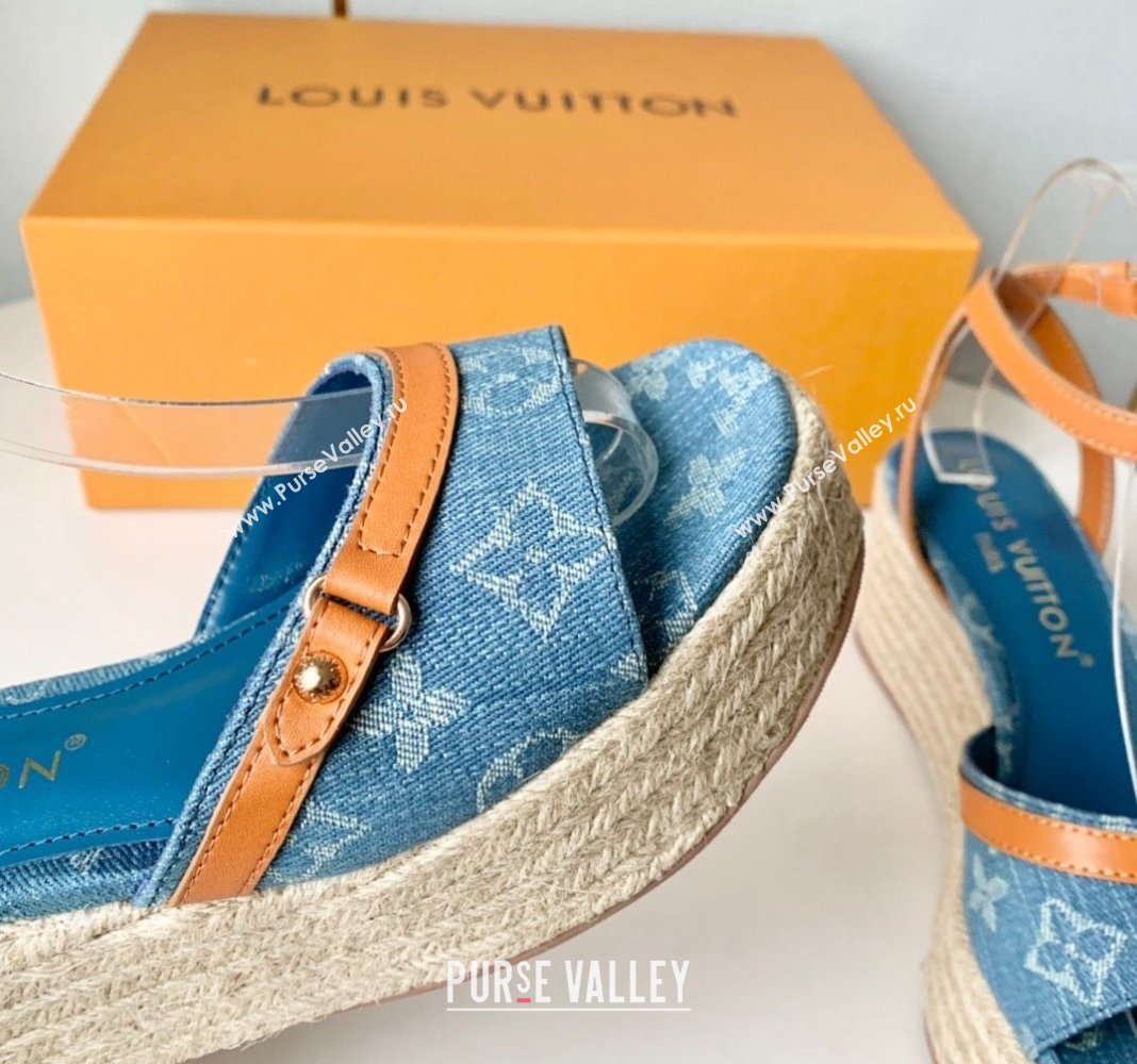 Louis Vuitton Helios Wedge Sandals 8cm in Light Blue Monogram Denim 2024 (MD-240320041)