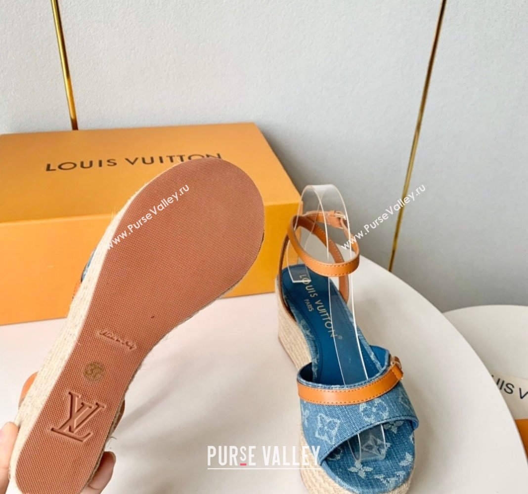 Louis Vuitton Helios Wedge Sandals 8cm in Light Blue Monogram Denim 2024 (MD-240320041)