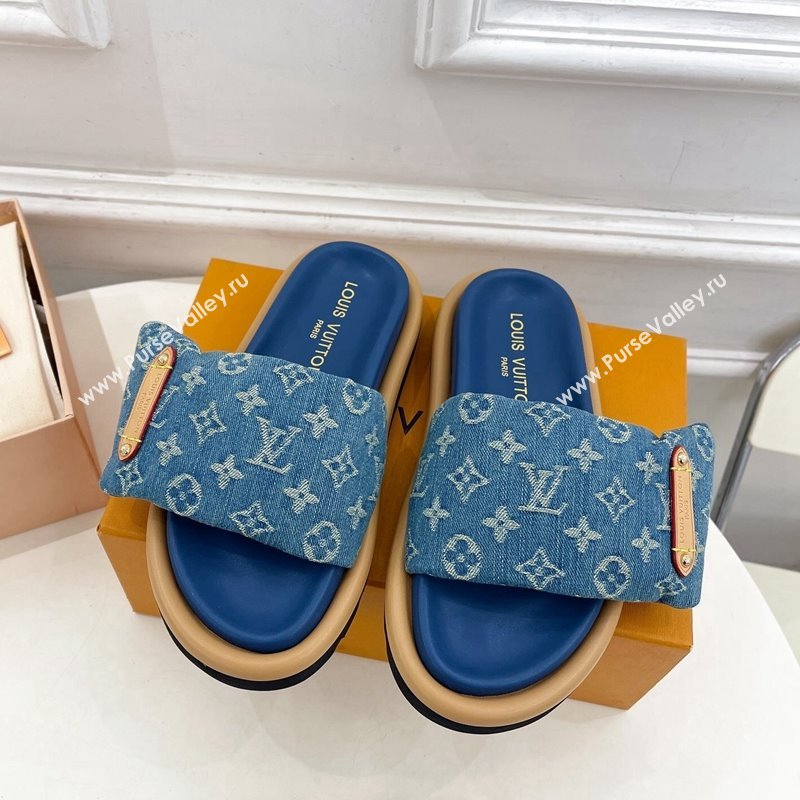 Louis Vuitton Pool Pillow Flat Comfort Slide Sandals in Blue Monogram Denim 2024 0320 (MD-240320043)