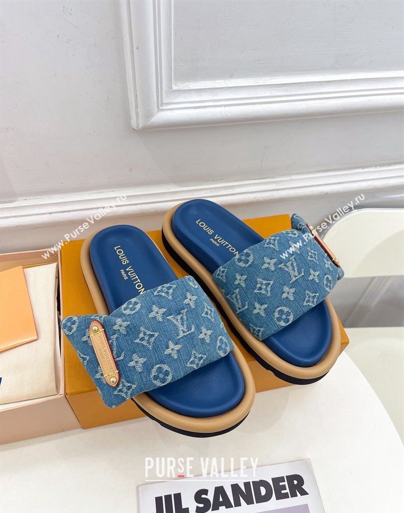 Louis Vuitton Pool Pillow Flat Comfort Slide Sandals in Blue Monogram Denim 2024 0320 (MD-240320043)