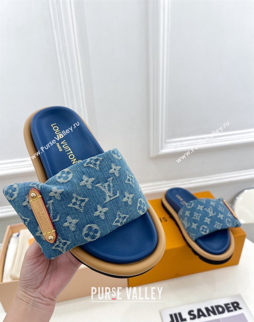 Louis Vuitton Pool Pillow Flat Comfort Slide Sandals in Blue Monogram Denim 2024 0320 (MD-240320043)