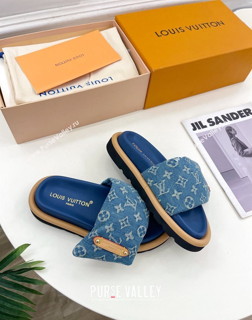 Louis Vuitton Pool Pillow Flat Comfort Slide Sandals in Blue Monogram Denim 2024 0320 (MD-240320043)